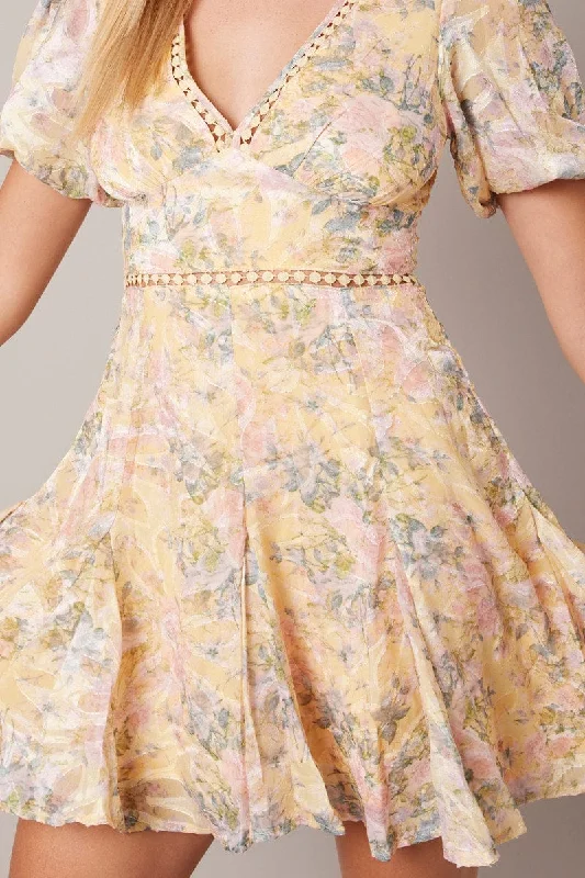 Yellow Floral Fit And Flare Dress Puff Sleeve Mini