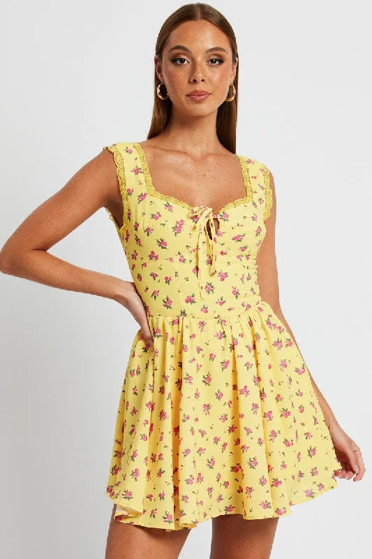 Yellow Floral Fit and Flare Dress Sleeveless Lace Trim