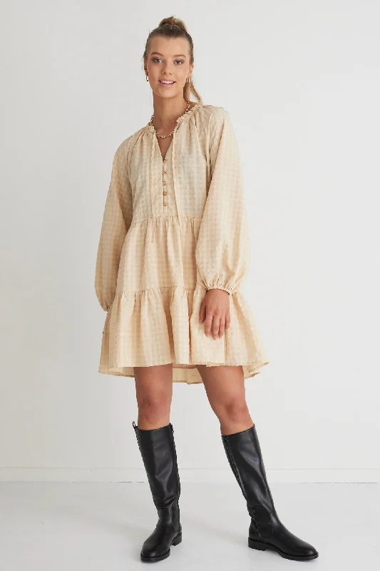 Zodiac Natural Gingham Ls Tiered Mini Dress