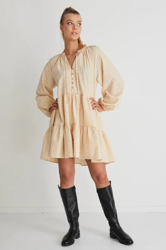 Zodiac Natural Gingham Ls Tiered Mini Dress