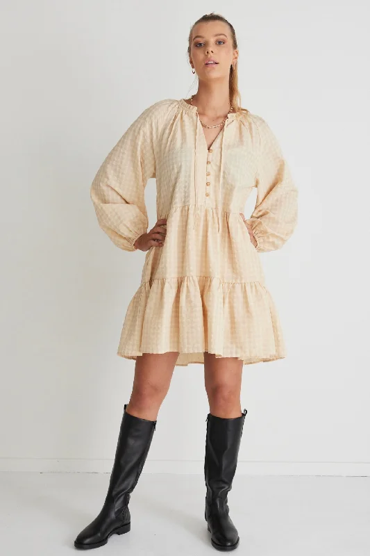 Zodiac Natural Gingham Ls Tiered Mini Dress